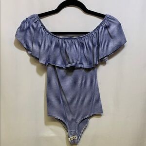 J. Crew Blue and White Striped Ruffle Bodysuit